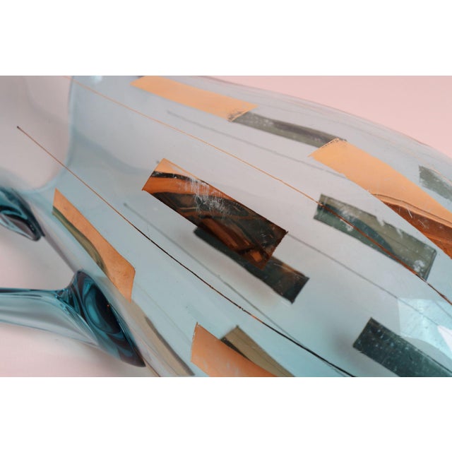 Vintage Hungarian Hand Blown Blue Crystal Glass Pitcher With Gold Leaf Accents For Sale - Image 11 of 15