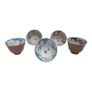 Chinese Batavia Ware Mocha Blue & White Porcelain Koi Fish Tea Cup Set of 5 For Sale