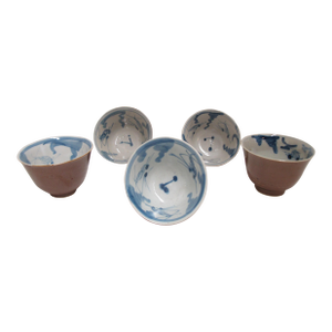 Chinese Batavia Ware Mocha Blue & White Porcelain Koi Fish Tea Cup Set of 5