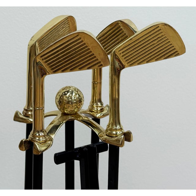 Vintage Brass and Cast Iron Golf Club Fireplace Tools on Stand For Sale - Image 4 of 12