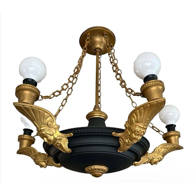 Art Deco 1920s Art Deco Brass Chandelier Black Flat Paint, Roman Woman Motifs, Geometric Chain For Sale - Image 3 of 12