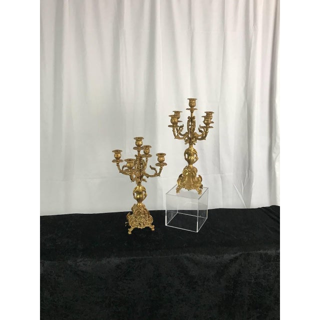 Rococo Mid-Century Italian Rococo Gilt Brass 5-Arm Candelabras - A Pair For Sale - Image 3 of 14