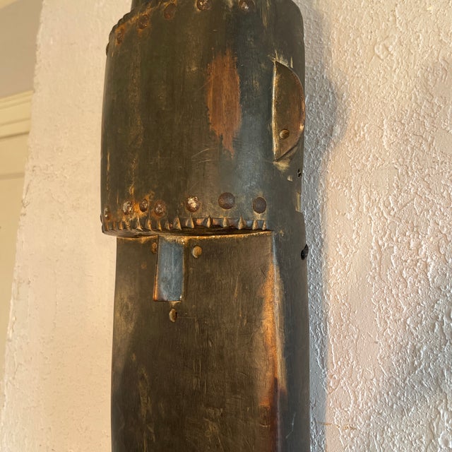 African Mid Century West African Style Carved Horn Mask With Metal Overlay, Brutalist Plated Wood Mask For Sale - Image 3 of 6