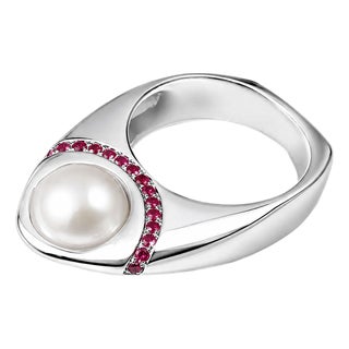 18K White Gold Cultured Pearl Pink Sapphire Cocktail Ring Estate For Sale