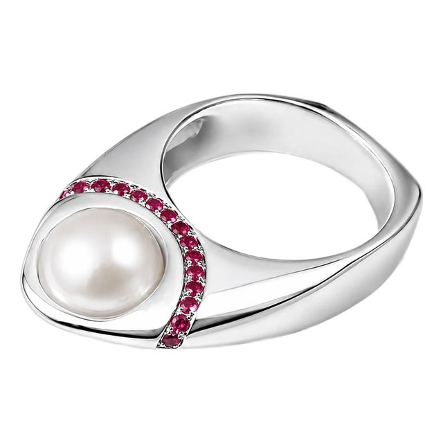 18K White Gold Cultured Pearl Pink Sapphire Cocktail Ring Estate For Sale