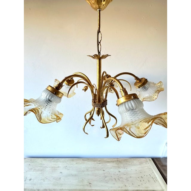 Florentine Style Gilt Metal Chandelier with Amber-Tinted Glass Shades, 1960s For Sale - Image 9 of 13