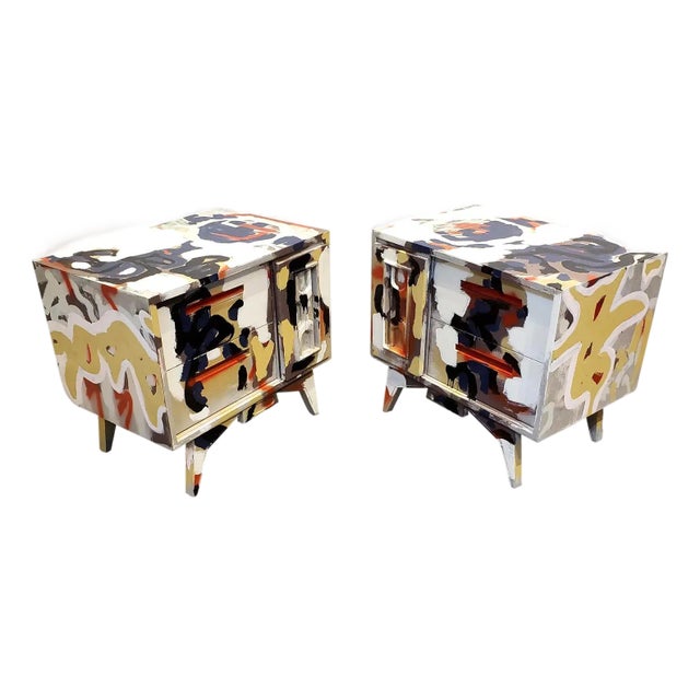 Postmodern Artist Painted Graffiti Style Art on Vintage Mid Century Nightstands For Sale