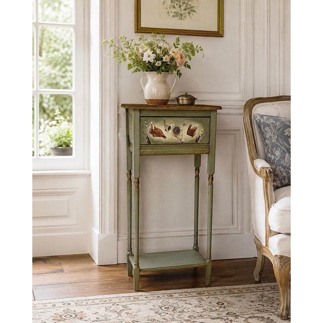 Green Cottagecore Console Table • Hand Painted Hen Garden Heirloom Entryway Table For Sale - Image 8 of 8