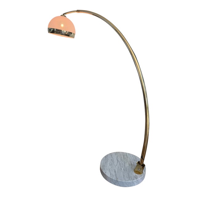 Vintage Italian Modern Brass Adjustable Arc Floor Lamp With Carrara Marble Base & Ribbed Acrylic Dome Shade For Sale