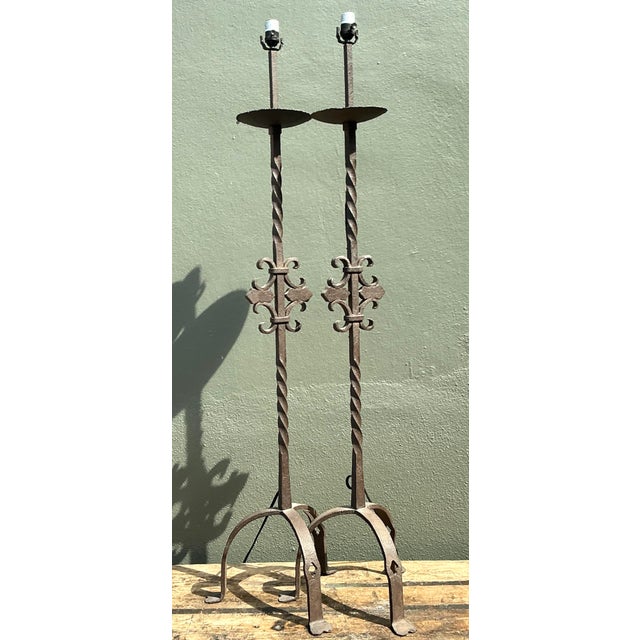 Vintage Twisted Wrought Iron Floor Lamps - A Pair For Sale In West Palm - Image 6 of 12