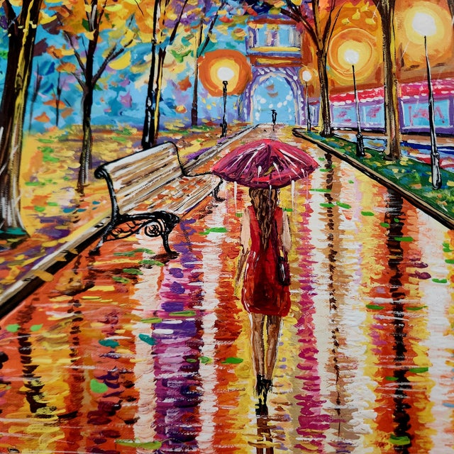 Impressionist style original oil painting on canvas, done with a pallet knife, vibrantly colored street scene of a lone...