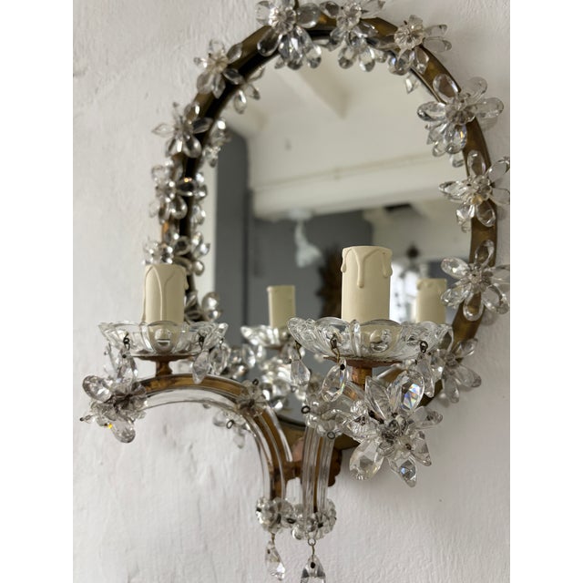 French Maison Bagues Style Crystal Flower Mirror Sconces Murano Glass Prisms Old For Sale - Image 6 of 13