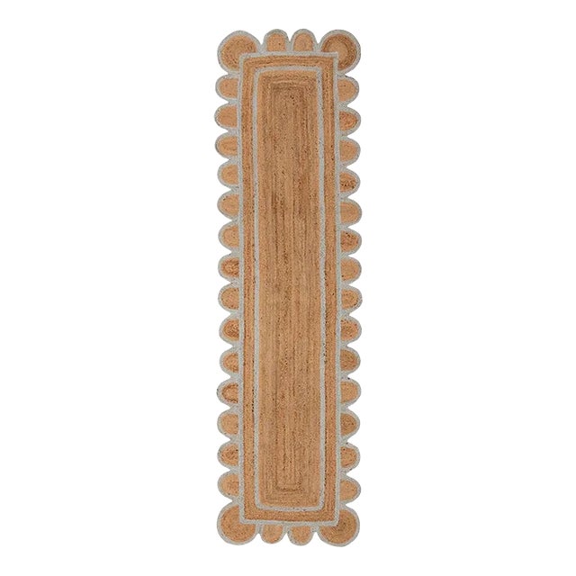 Light Blue Jute Scallop Handmade Boho Runner 2'5" x 2' For Sale