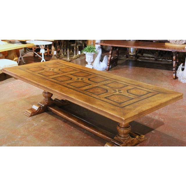 French Mid-Century French Walnut, Chestnut & Burlwood Parquetry Refectory Dining Table For Sale - Image 3 of 9