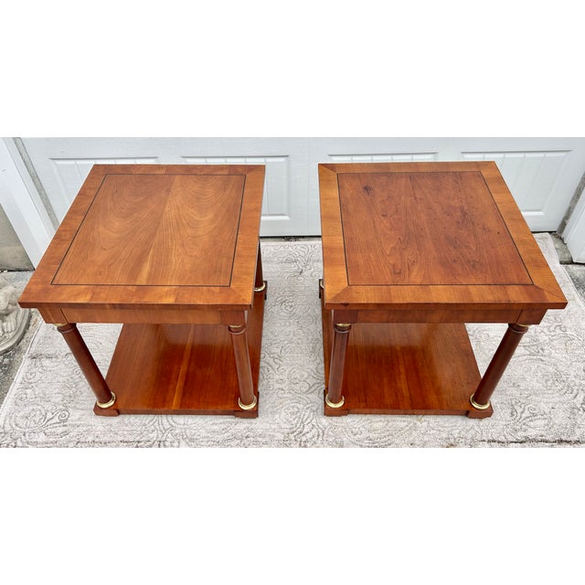 Traditional Vtg. Baker Pair of Regency Style Cherry Side Tables W/Inlay & Brass Trim For Sale - Image 3 of 16