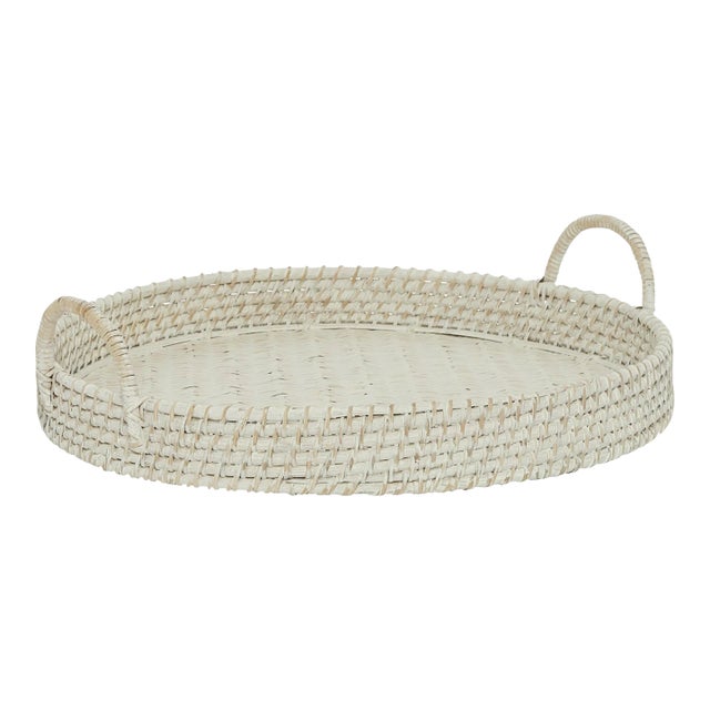 White Round Rattan Tray, Small For Sale