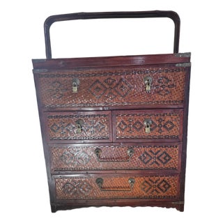 Antique Chinese Woven Rattan Portable Wedding Side Chest For Sale