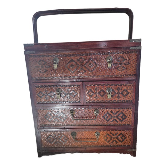 Antique Chinese Woven Rattan Portable Wedding Side Chest For Sale