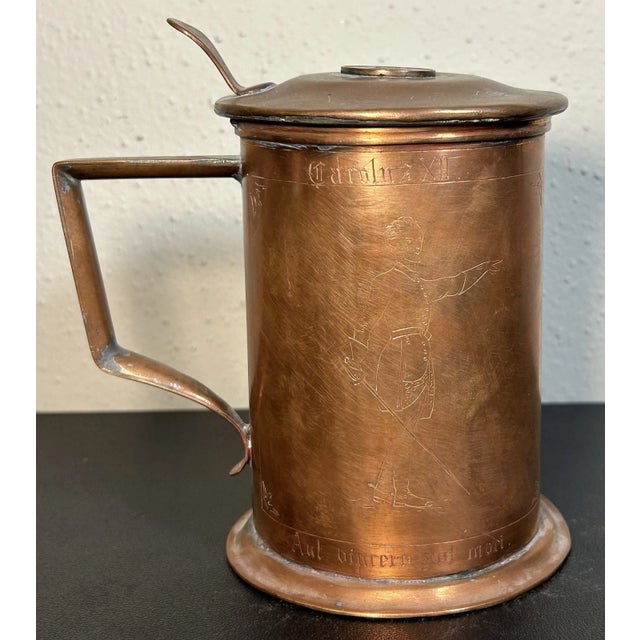 Circa 1910 Swedish Eskilstuna Copper Alloy Metal Engraved Gustavus Aldolphus and Carolus XII Motifs Gustaf v Coin Lid Commemorative Tankard/Stein For Sale In New Orleans - Image 6 of 7