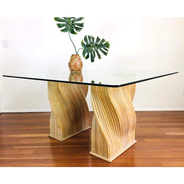 Contemporary Vintage McGuire Twisted Rattan Double Pedestal Organic Modern Glass Top Dining Table For Sale - Image 3 of 12