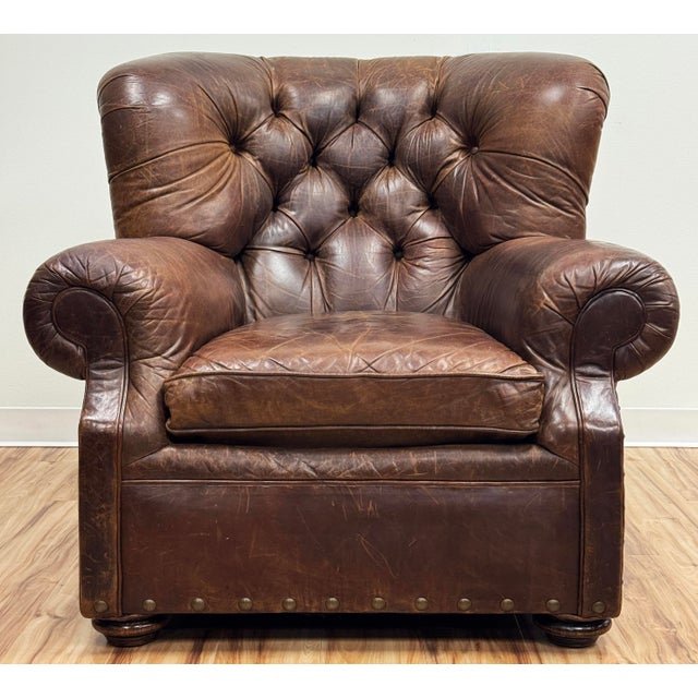 Traditional Vintage Restoration Hardware Leather Churchill Cigar Chair and Ottoman With Nailheads For Sale - Image 3 of 18