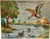 This vintage framed needlepoint artwork features a charming landscape scene of ducks on a river. It showcases lovely...