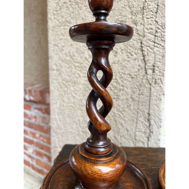 Antique English Oak Open Barley Twist Candlesticks Jacobean Pair C1890 11.0” For Sale - Image 17 of 18
