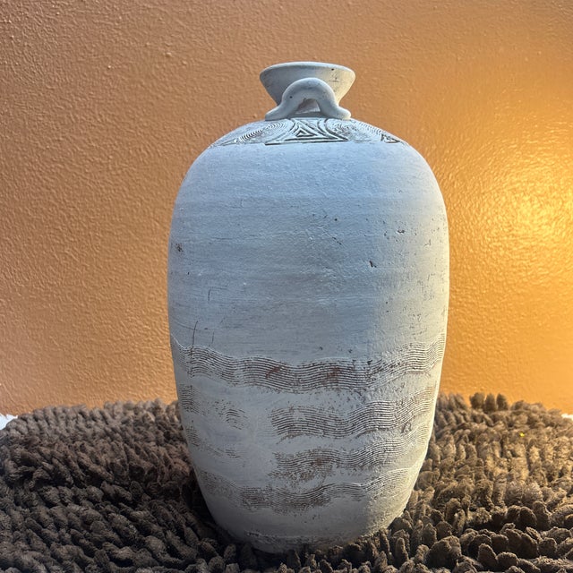 Farmhouse Vintage 13" Incised White Terracotta Amphora Urn - Heavy Studio Pottery For Sale - Image 3 of 12
