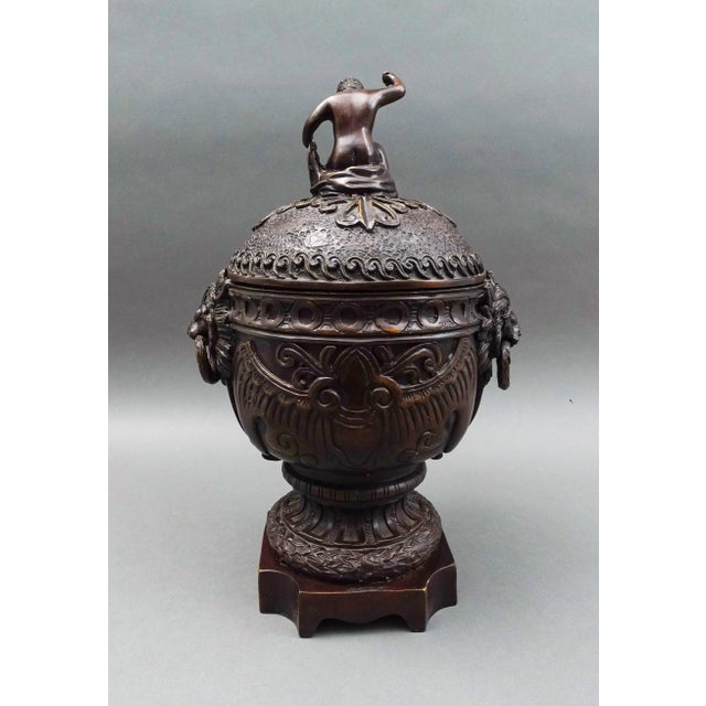 Mid 20th Century Maitland Smith Vintage Bronze Cherub Lidded Large Urn Compote Lion Handles For Sale In Miami - Image 6 of 11