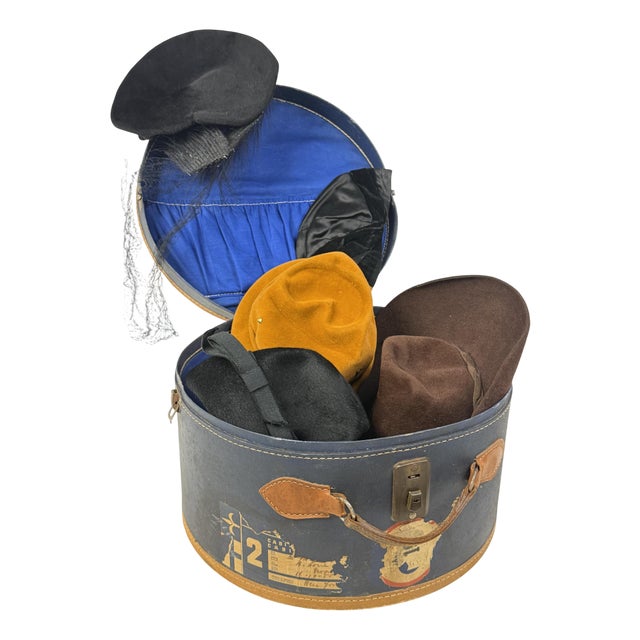 Antique Hat Box in Blue-Lined Cardboard and Leather, 1890s For Sale