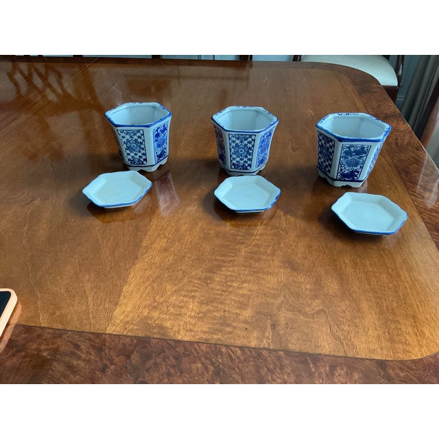 Blue & White Petite Hexagonal Floral PlantersWith Marching Drip Trays Set of 3 For Sale - Image 4 of 9