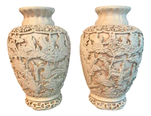20th Century Asian Pottery Village Scene Carved Raised Relief Vases - A Pair