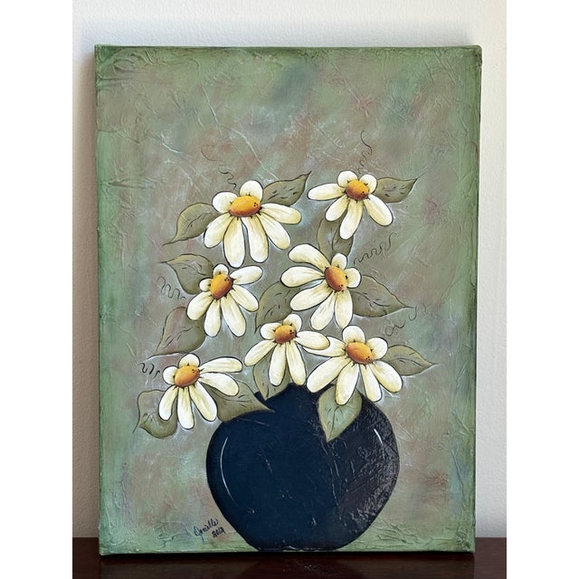 Such a fun still life featuring highly-stylized daisies displayed in a bulbous vase. Love how the black vase contasts with...