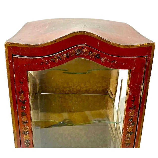 Late 19th Century Antique Tabletop Hand-Painted, Fabric-Lined Display Cabinet With Glass Shelves For Sale - Image 5 of 12