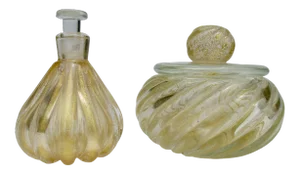 C.1950's Barovier' & Toso Hand-Blown Swirled Vanity Perfume & Cotton Swab Bottle & Jar - Clear With Gold Dust Inclusions