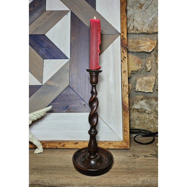 English Pair of Antique English Oak Barley Twist Candlesticks For Sale - Image 3 of 14