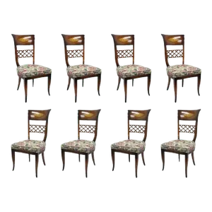 Mid 20th Century Italian Neoclassical Style High Back Brass Inlay Dining Side Chairs - Set of 8