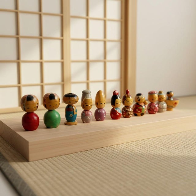 Vintage Japanese miniature kokeshi collection of 11, dating approximately 1950s–1970s Showa era. Made in Japan of turned...