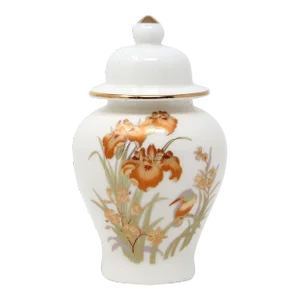 Vintage Iris Flowers, Orchids and Kingfisher 6-Inch Porcelain Ginger Jar