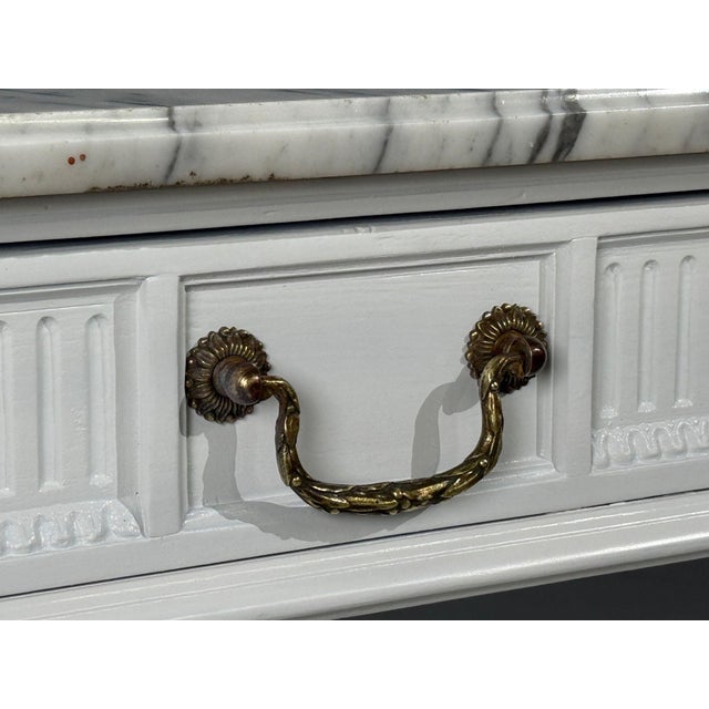 Wood Louis XVI Style, White Demilune Console Table, Wood, Marble, France, 1960s For Sale - Image 7 of 15