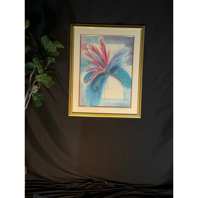 Teal Vintage Framed Abstract Floral Artwork in Blue, Teal and Pink With Gold Frame - Signed For Sale - Image 8 of 10