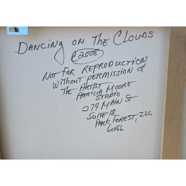 Large (4' x 4') canvas by the late Illinois artist Patricia Moore (USA 1947-2022). "Dancing on the Clouds", 2008, is an...