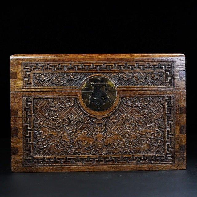 Chinese Huali Rosewood Carved Treasure Box With Brass Hardware For Sale - Image 4 of 7