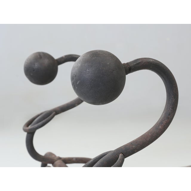 Wrought Iron Fireplace Andirons. Modernist Curled Form With Sphere Top C1940's For Sale - Image 4 of 12