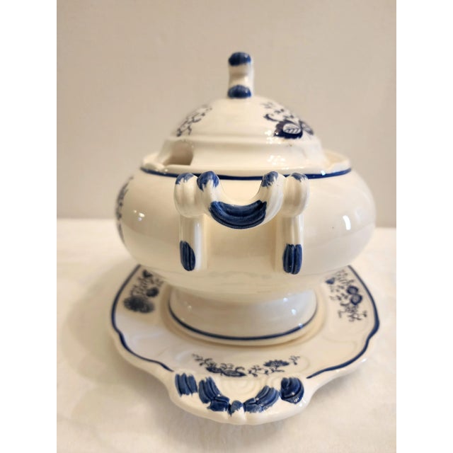 Vintage Blue and White Soup Tureen With Underplate- 2 Pieces For Sale - Image 4 of 12