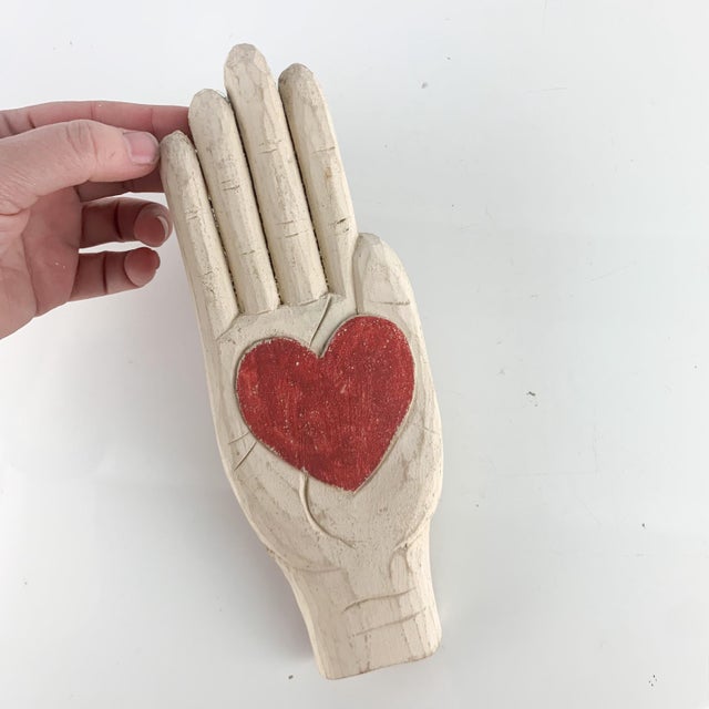 Vintage FJJ Slimak Rose Kern Hand Heart Sculpture Folk Art 1991 Painted Wood For Sale In Baltimore - Image 6 of 7