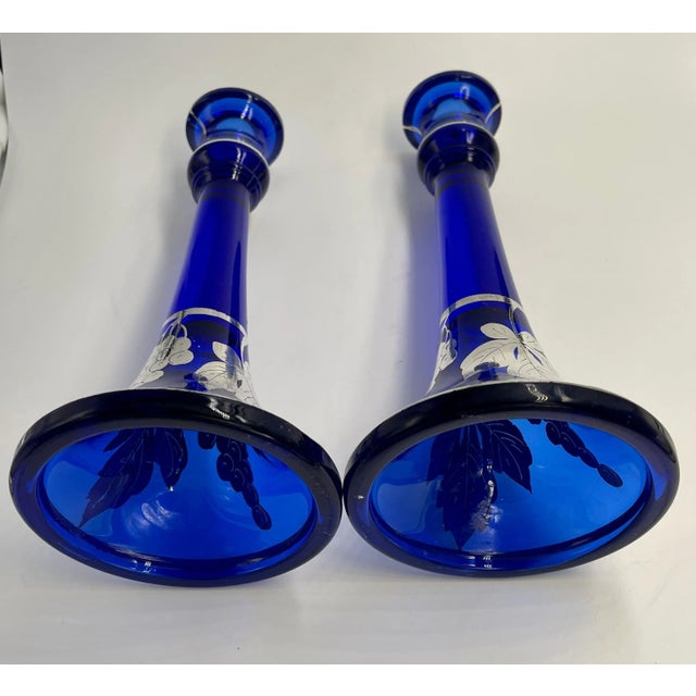 Silver Overlay Colbalt Blue Grape and Leaf Candlestick Candle Holders - A Pair For Sale In Miami - Image 6 of 10