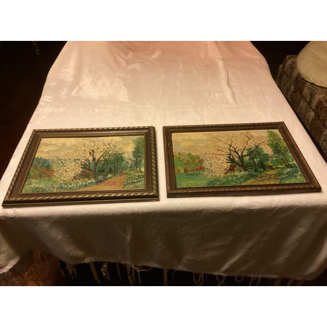 Set of Two Matching Vintage 1950s Landscape Dogwood Paintings, Framed For Sale - Image 4 of 11