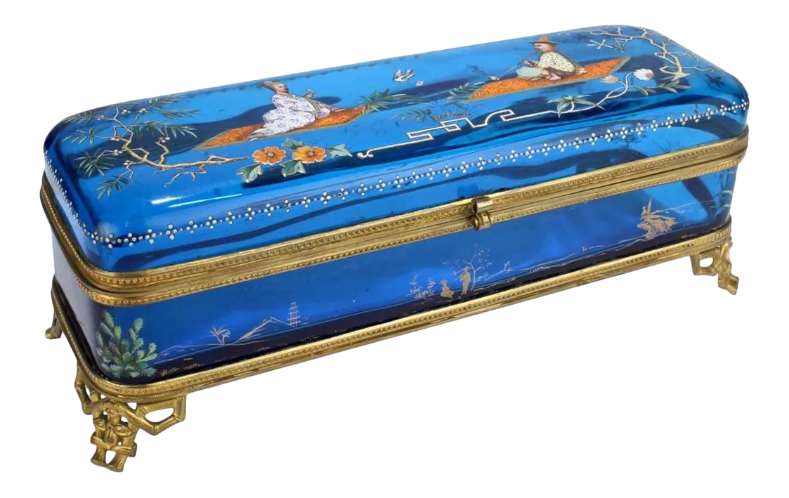 Large Japonisme Moser-Type Bronze Mounted & Enameled Blue Glass