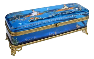 Large Japonisme Moser-Type Bronze Mounted & Enameled Blue Glass Casket Box